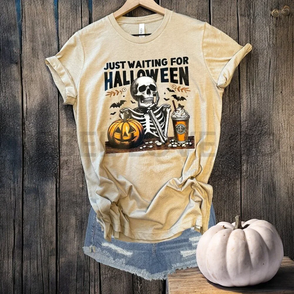 Just Waiting For Halloween Short Sleeve Tee Shirt, Skeleton, Coffee Graphic - Picture 1 of 4